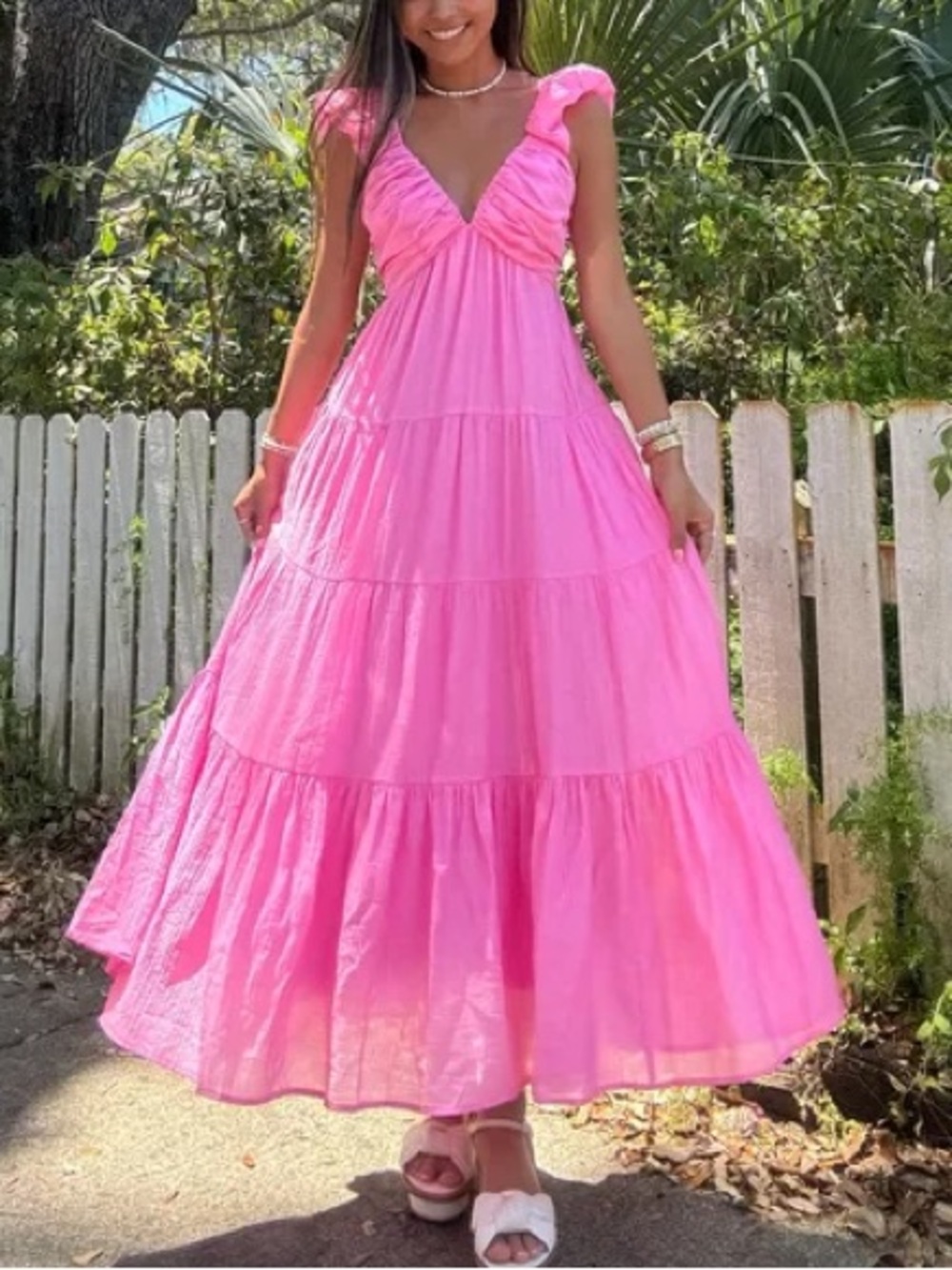 Ruffled V-Neck Pink Maxi Dress